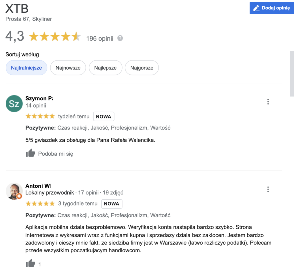 Xtb opinie klientow google