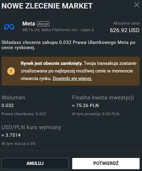 Kupno akcji meta